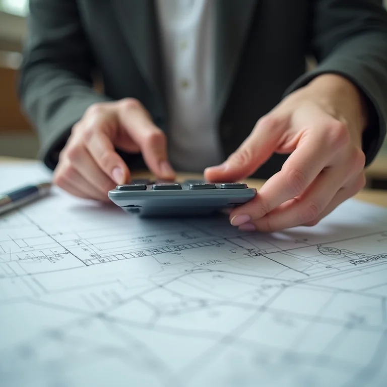 Mão calculando medidas de terreno em planta