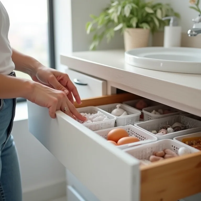 Mão feminina organizando gaveta de banheiro com diferentes métodos