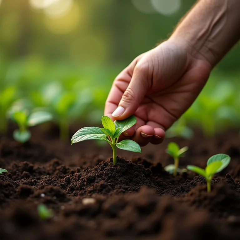Mão plantando muda em horta orgânica.