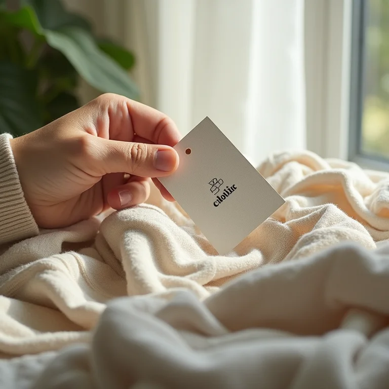 Mão segurando etiqueta de roupa sustentável com roupas neutras