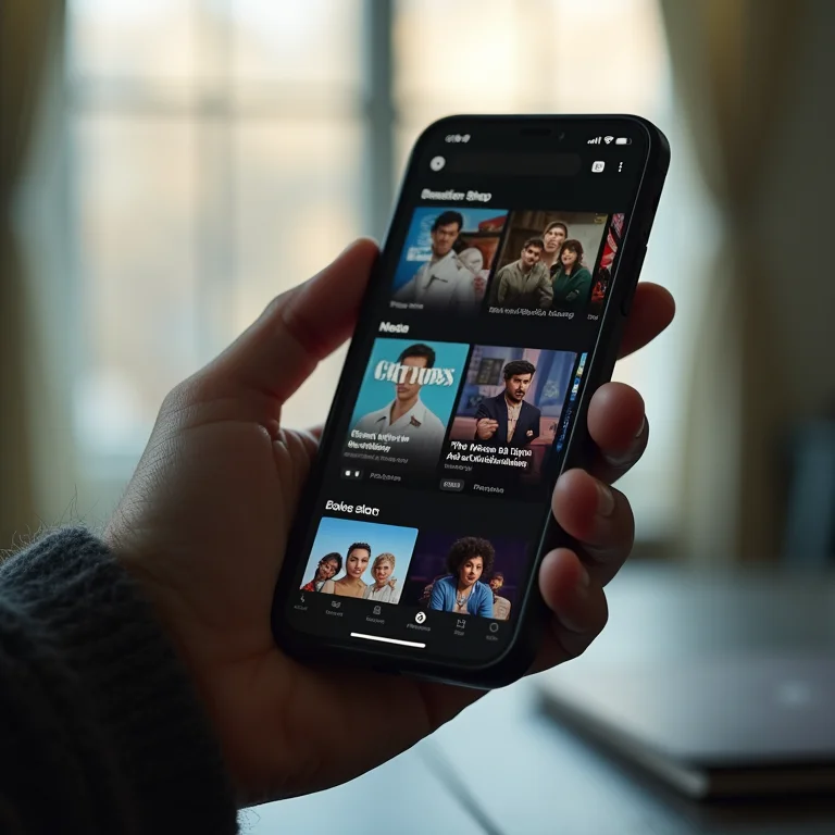 Mão segurando smartphone com app de streaming.