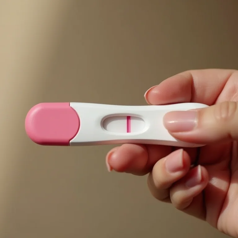 Mão segurando teste de gravidez positivo.