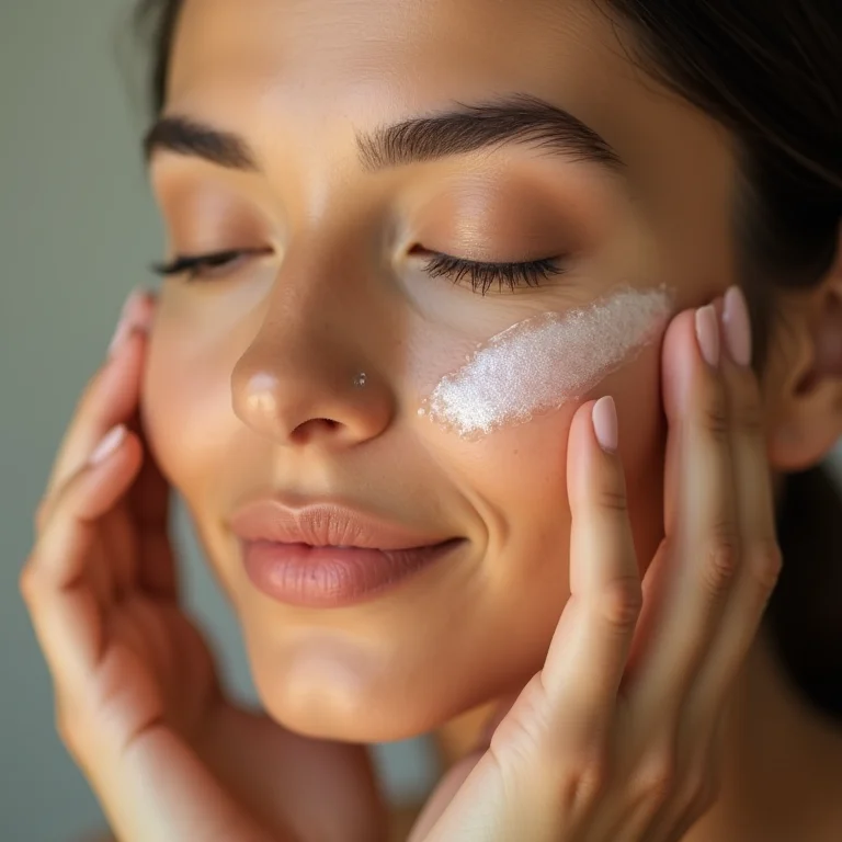 Mãos aplicando essência no rosto de uma jovem