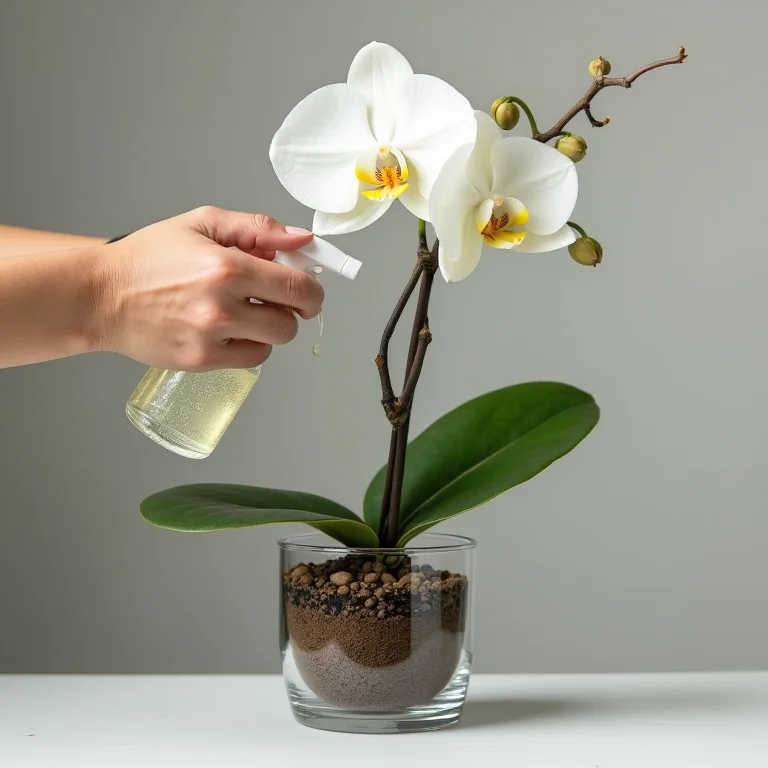 Mãos aplicando fertilizante em orquídea para adubação regular