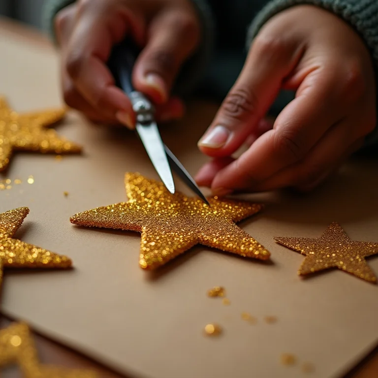 Mãos artesãs criando enfeites de estrela para o Natal