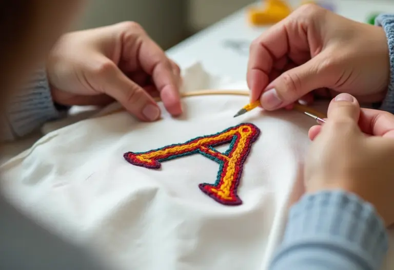 Mãos bordando a letra A em ponto cruz com linhas coloridas