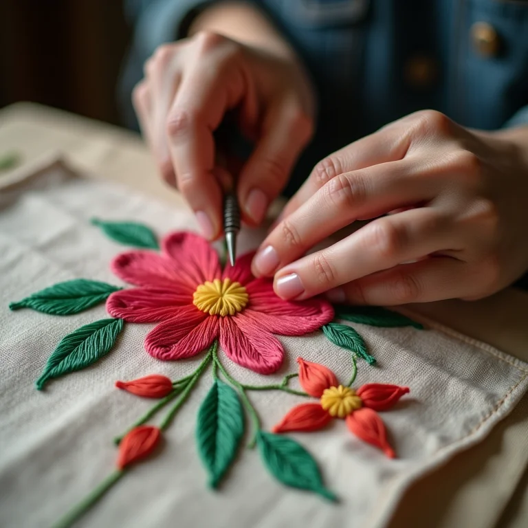 Mãos bordando ecobag com detalhes florais
