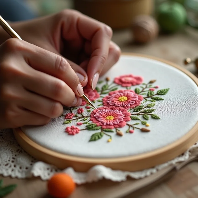 Mãos bordando flores em ponto cruz