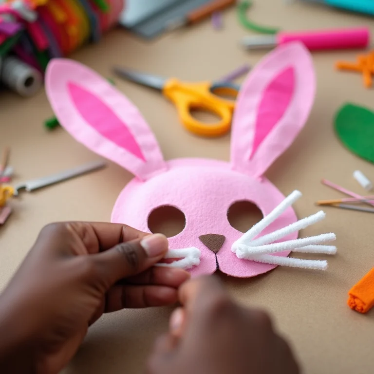 Mãos colando bigodes em máscara de coelho de feltro