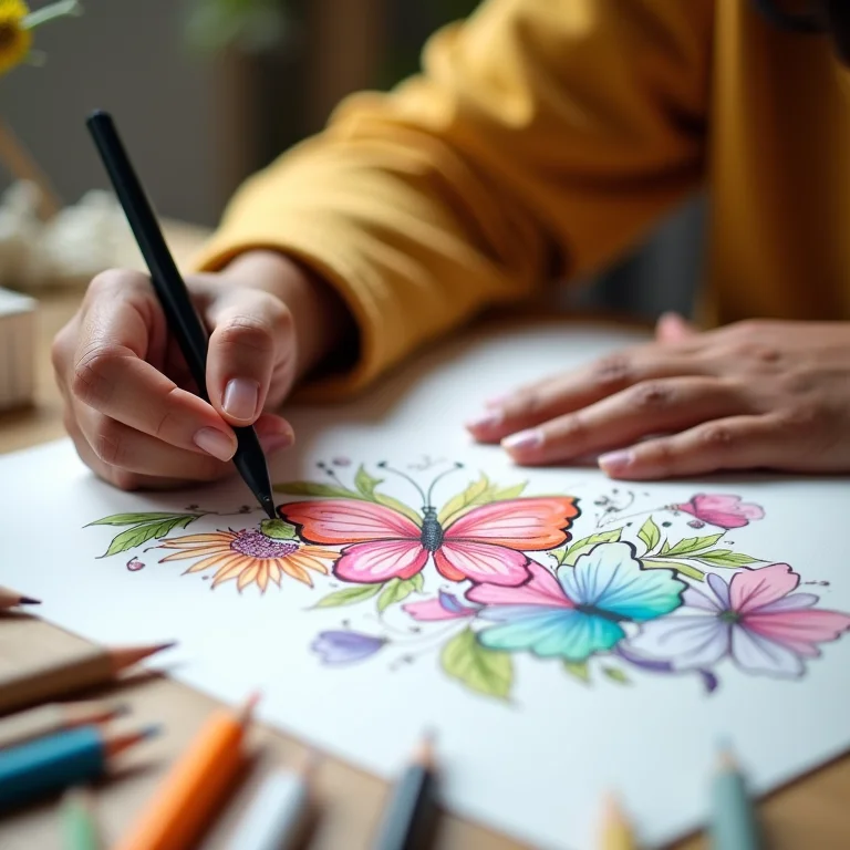 Mãos colorindo desenho de flores e borboletas para o Dia das Mães