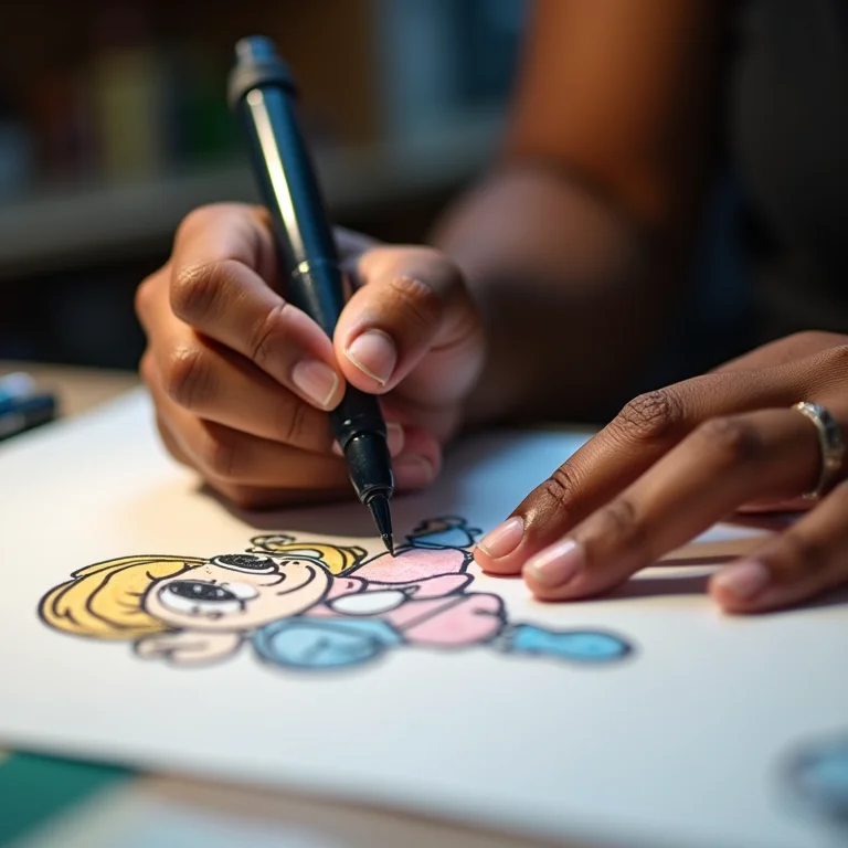 Mãos colorindo desenho de personagem de desenho animado