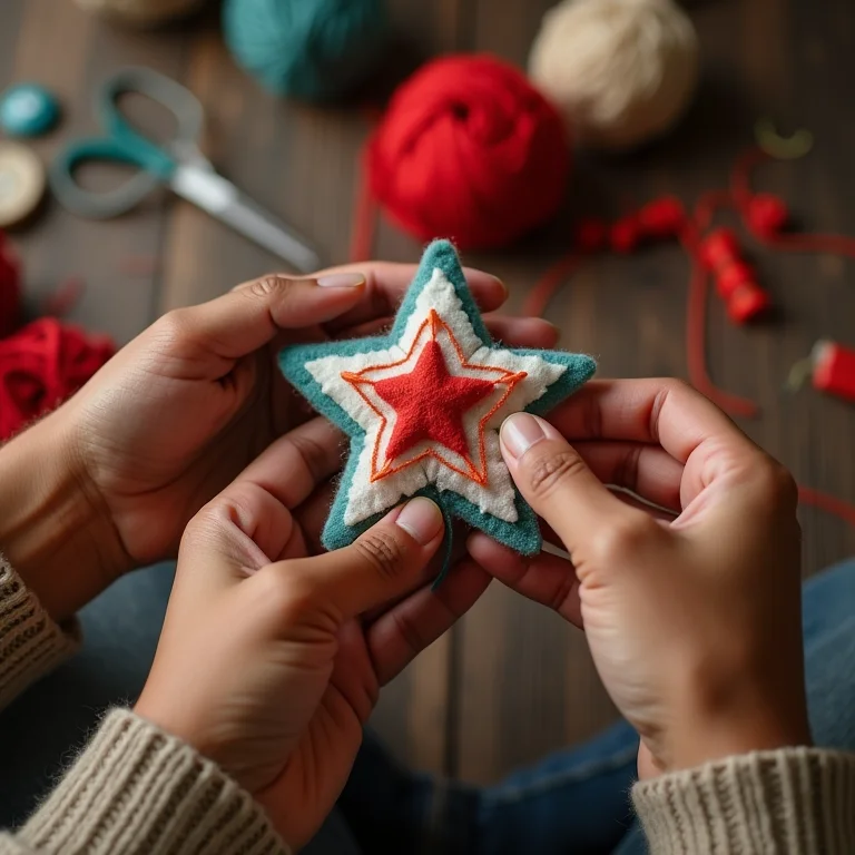 Mãos costurando enfeite de feltro em formato de estrela para árvore de Natal