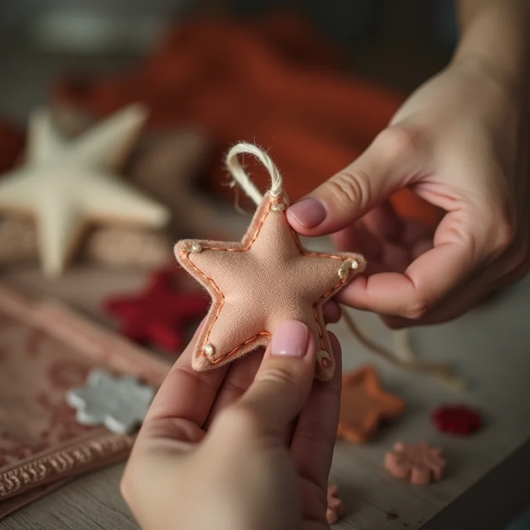 Mãos costurando estrela de feltro para o Natal