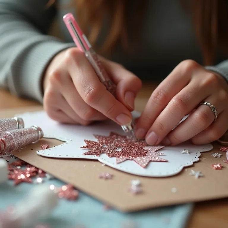 Mãos de artesã branca adicionando glitter a um topper do Stitch
