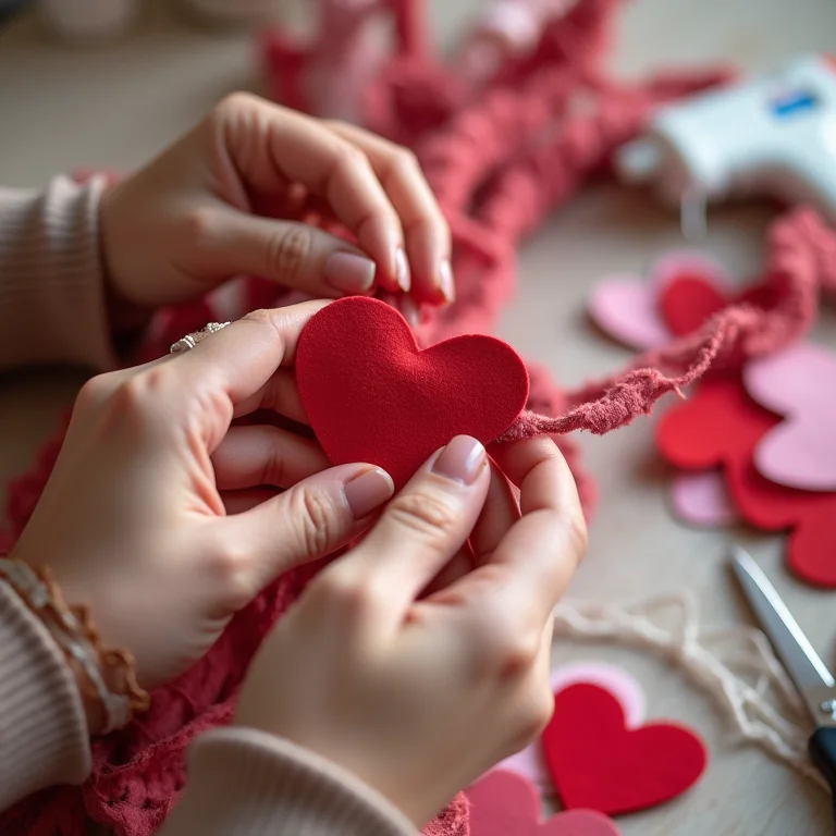 Mãos de artesã branca montando guirlanda de corações de feltro para a porta