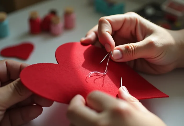 Mãos de artesã costurando coração de feltro vermelho