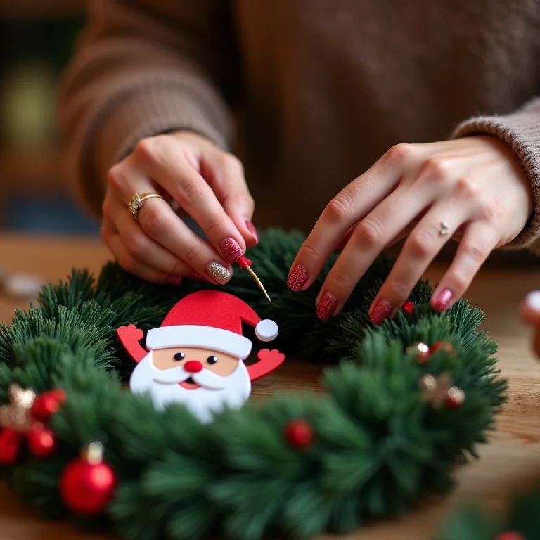Mãos de artesã montando guirlanda de Natal com Papai Noel em EVA