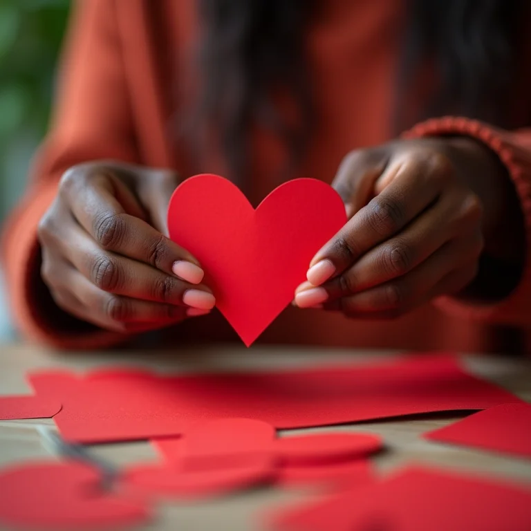 Mãos de artesã morena recortando coração em cartão vermelho para cartão artesanal