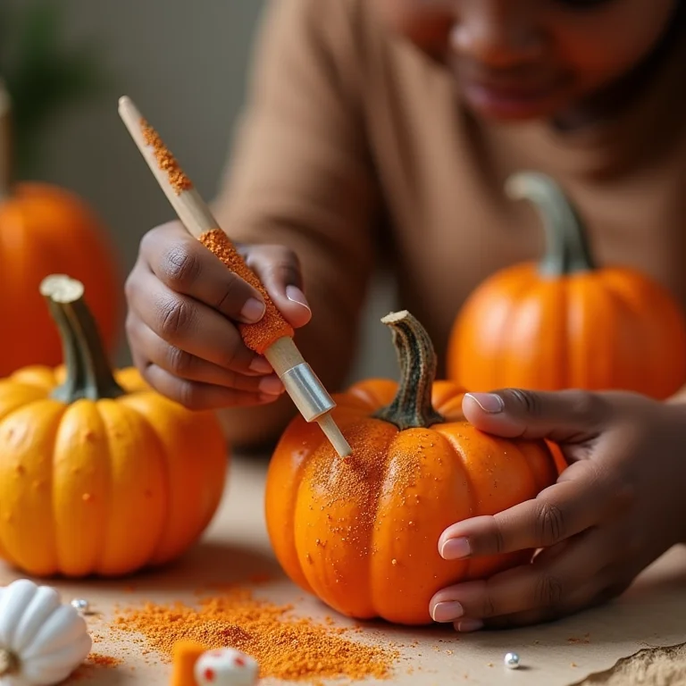 Mãos de artesã negra decorando abóboras de Halloween com tinta laranja e glitter