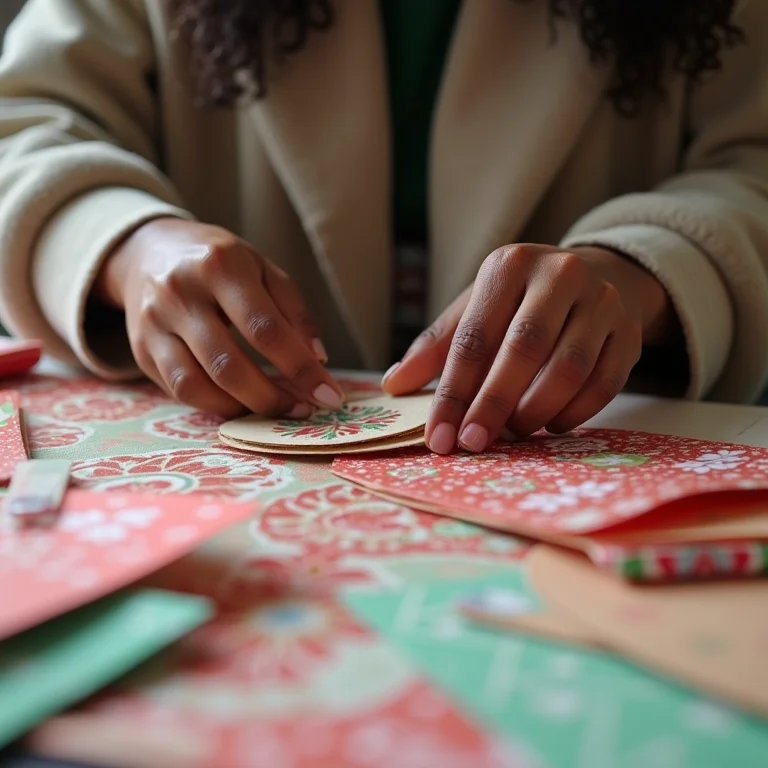 Mãos de artesã negra recortando papel colorido para guirlanda de Natal