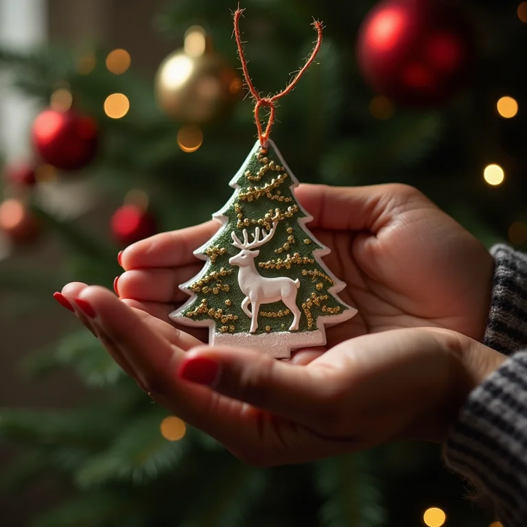 Mãos de artesã negra segurando enfeite de árvore de Natal personalizado com rena