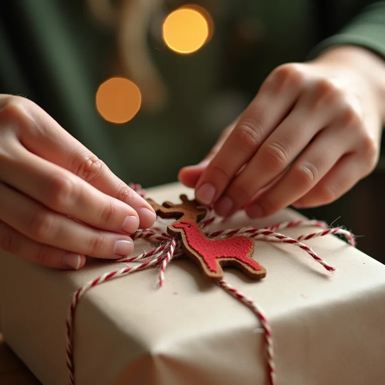 Mãos de artesã parda decorando presente de Natal com aplique de rena de feltro