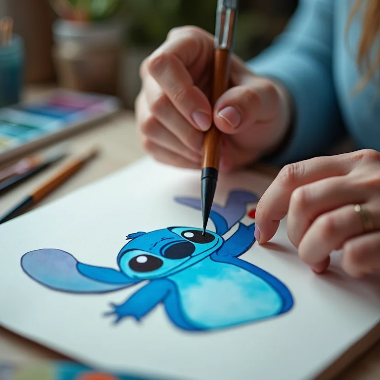 Mãos de artesã parda pintando topper do Stitch com aquarela azul