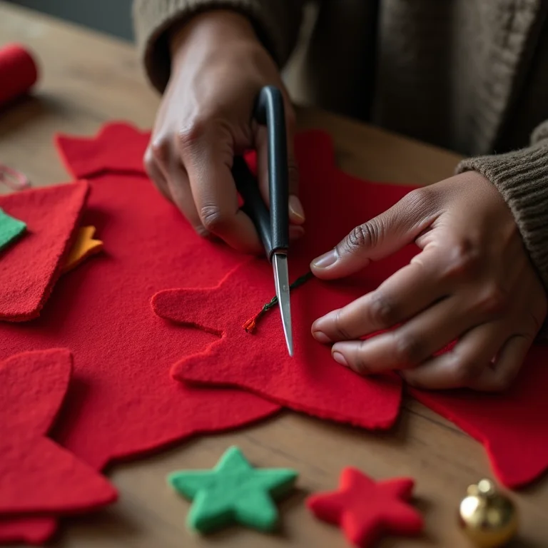 Mãos de artesã recortando feltro vermelho para enfeites de Natal