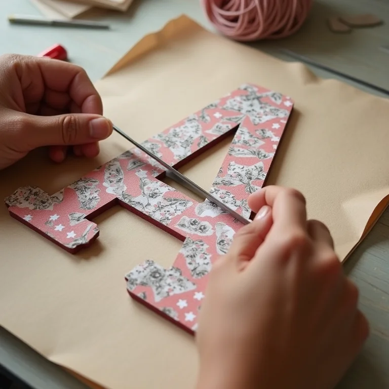 Mãos de artesã recortando letra A de papel decorado