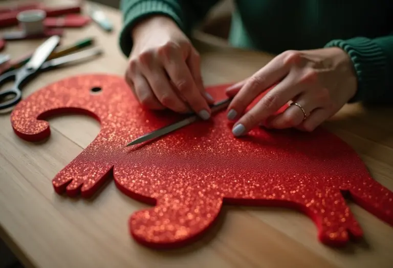 Mãos de artesã recortando molde de Papai Noel em EVA vermelho com glitter