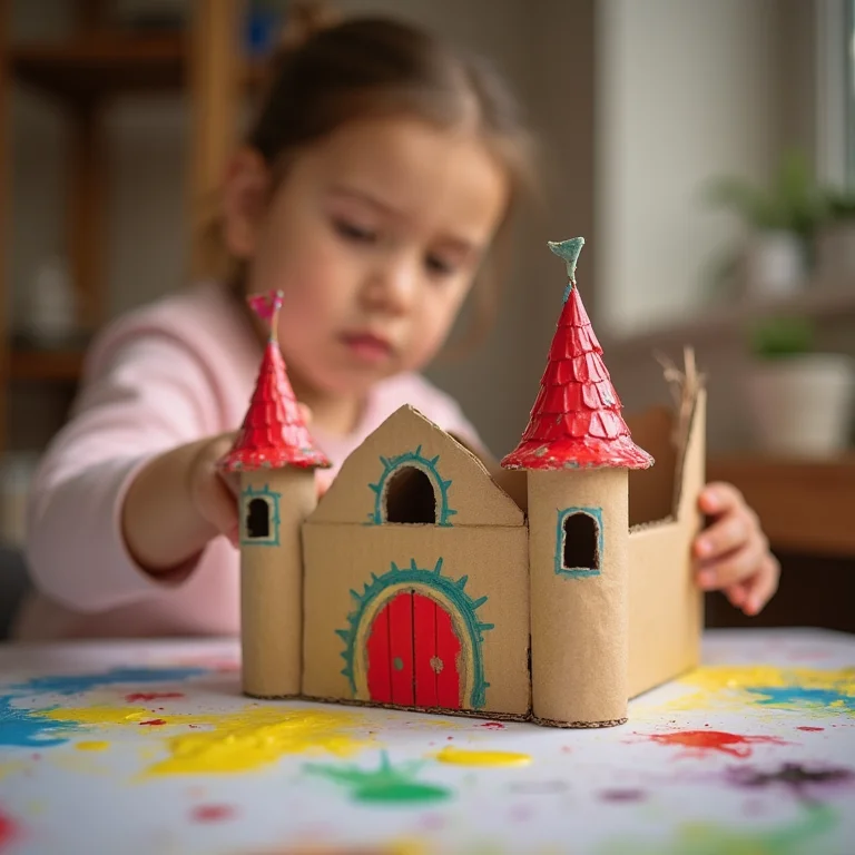 Mãos de criança pintando castelo de papelão com tinta colorida