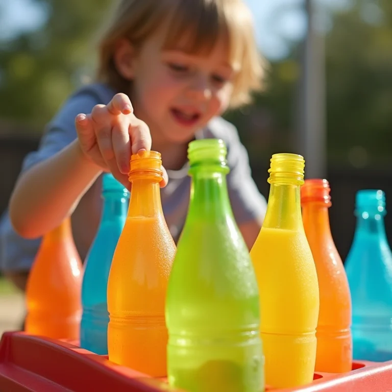Mãos de criança preparando jogo de boliche com garrafas PET