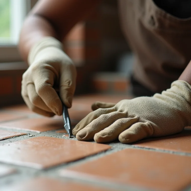 Mãos de mulher madura rejuntando piso recém instalado
