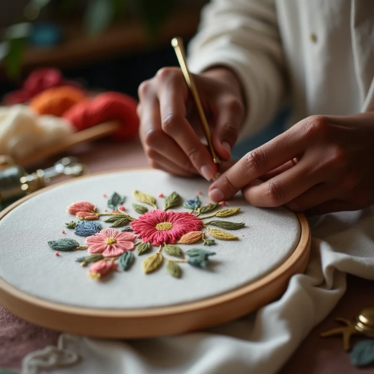 Mãos de mulher negra bordando motivos florais em tecido de linho.