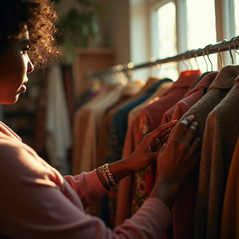 Mãos de mulher negra folheando arara de roupas vintage em brechó