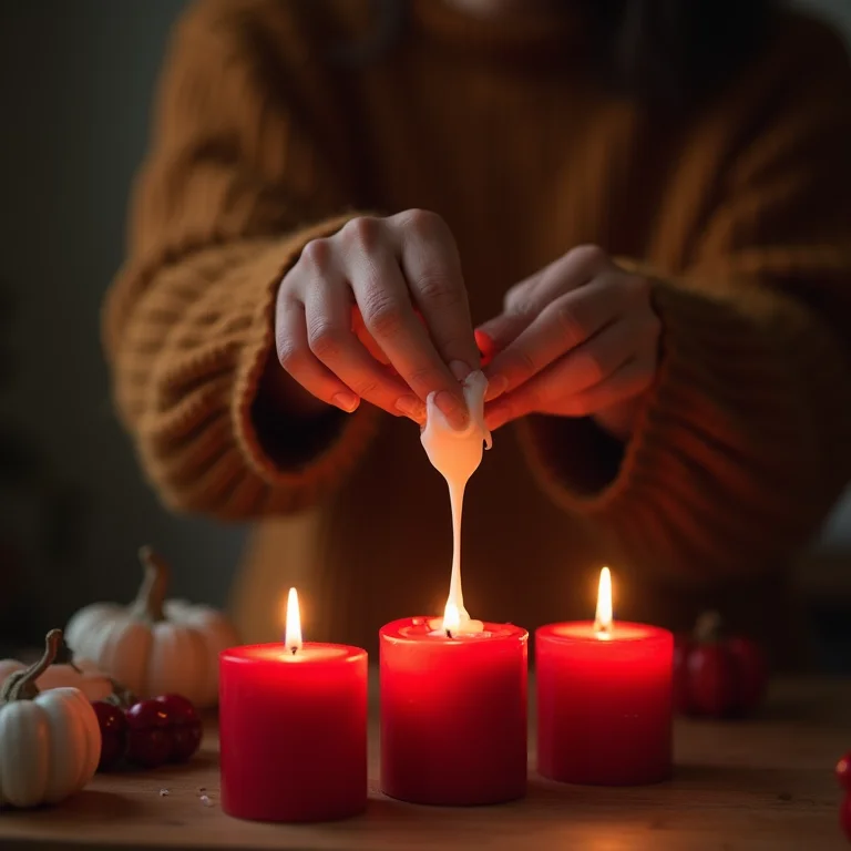 Mãos de mulher parda derretendo cera branca sobre velas vermelhas para decoração de Halloween