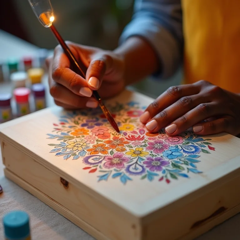 Mãos de pessoa parda usando estêncil floral para pintar caixa de madeira.