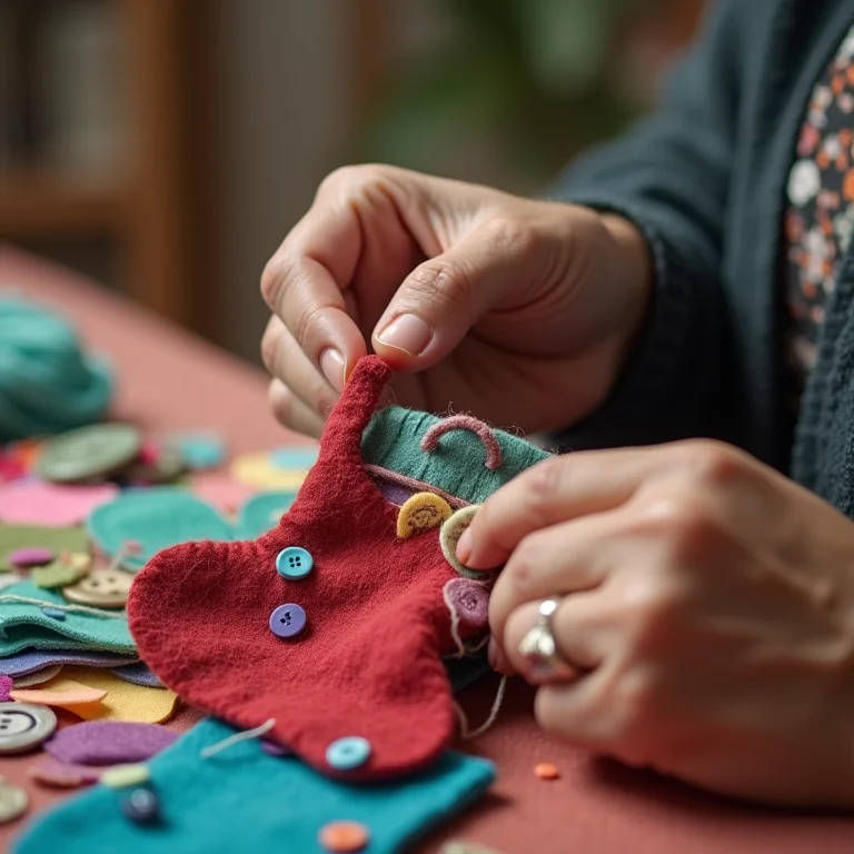 Mãos de senhora costurando fantoche de meia com retalhos coloridos