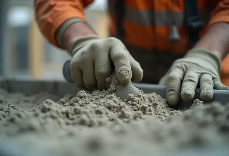Mãos de um trabalhador da construção civil misturando concreto com uma espátula.