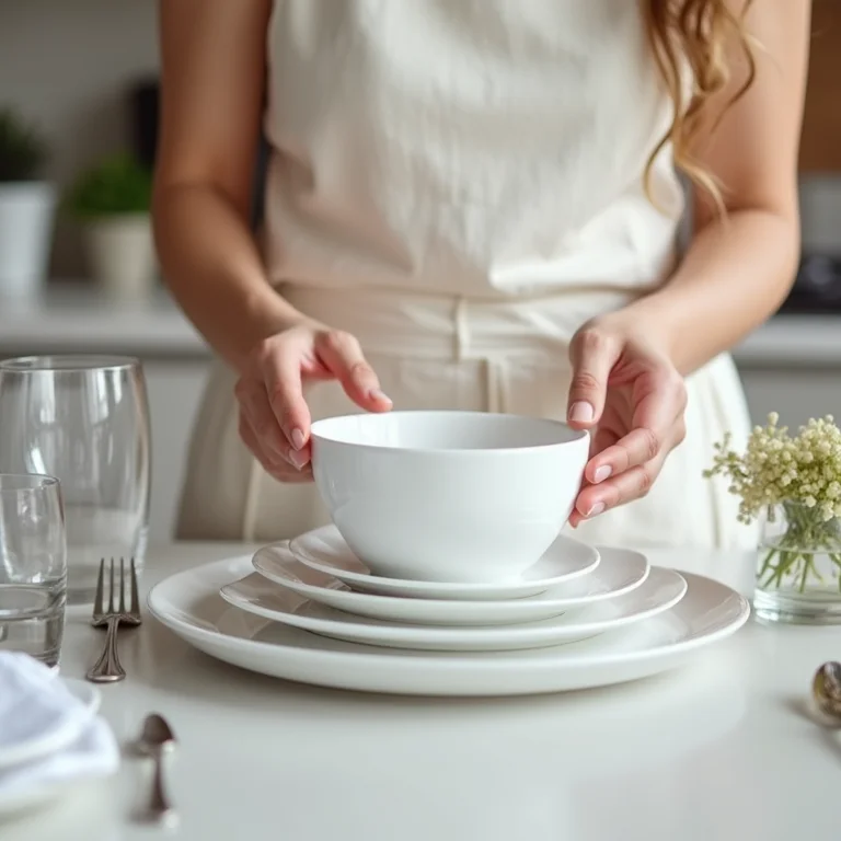 Mãos de uma mulher latina organizando louças brancas em uma bancada de cozinha