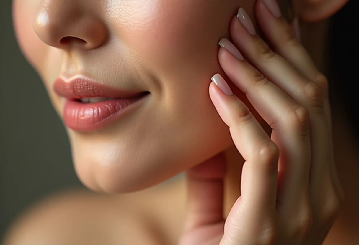 Skincare Coreano Noturno: A ordem exata para uma pele perfeita Mãos delicadas de uma mulher madura aplicando sérum facial noturno.