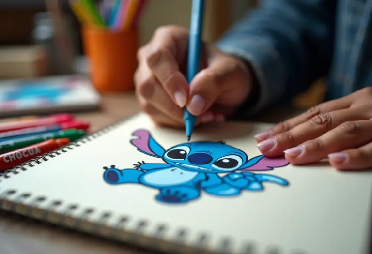 Mãos desenhando Stitch em capa de caderno com canetas coloridas