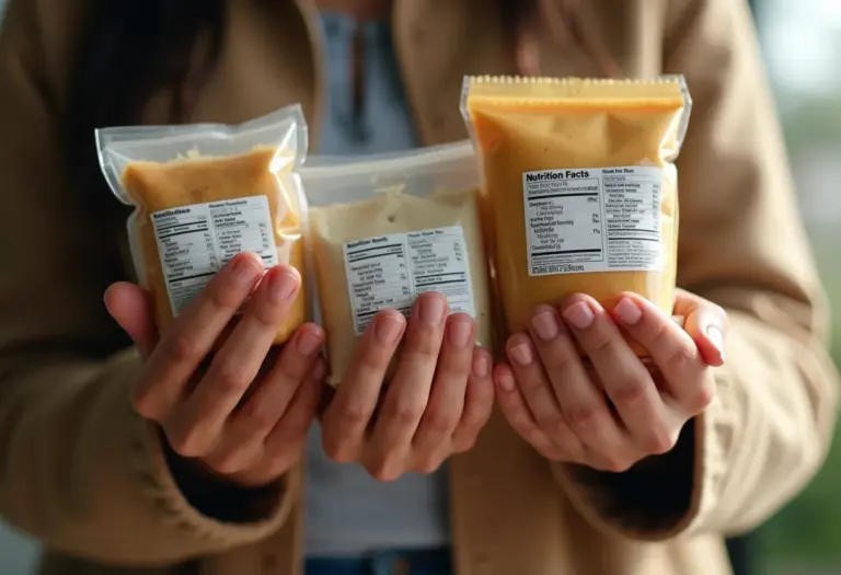 Mãos diversas segurando embalagens de alimentos com rótulos.