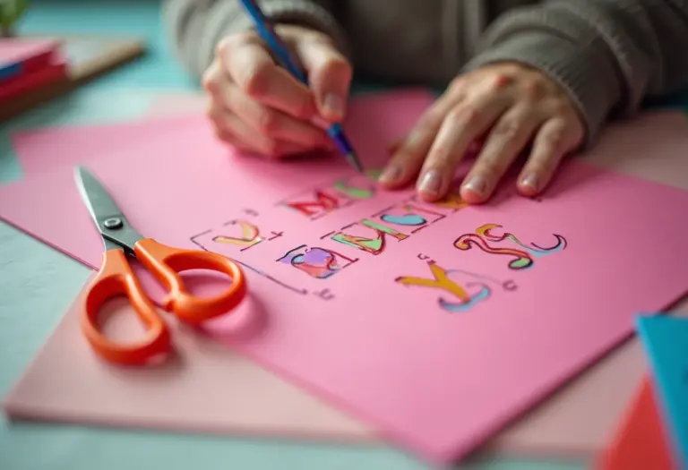 Mãos diversas traçando molde de letra em EVA rosa com caneta colorida