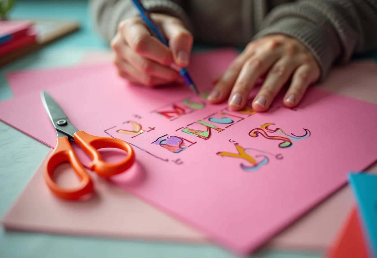 Molde de letras para EVA: O segredo para um artesanato impecável Mãos diversas traçando molde de letra em EVA rosa com caneta colorida
