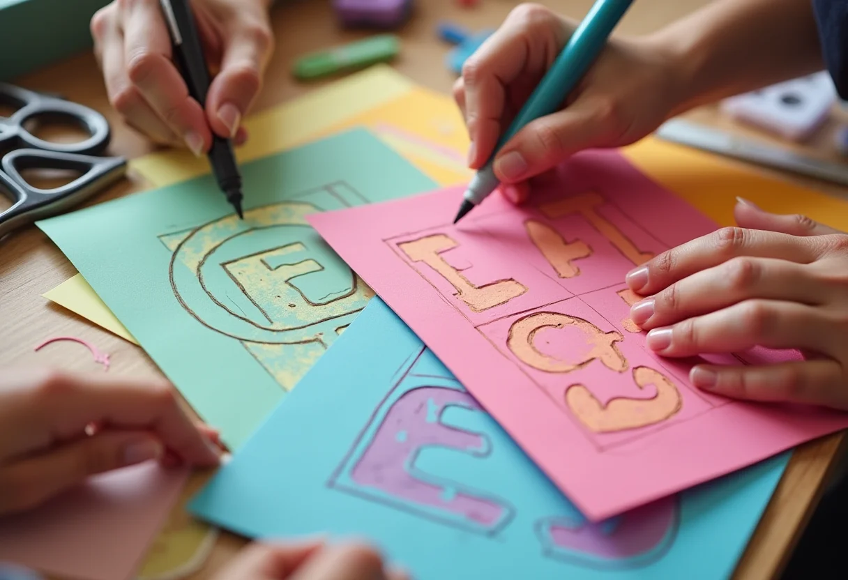 Moldes de letras em EVA: O truque para criar painéis gigantes Mãos diversas traçando moldes de letras em EVA colorido