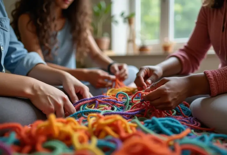 Mãos diversas trançando cestos de fio de malha coloridos