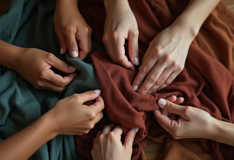 Mãos diversas transformando lixo têxtil em arte.
