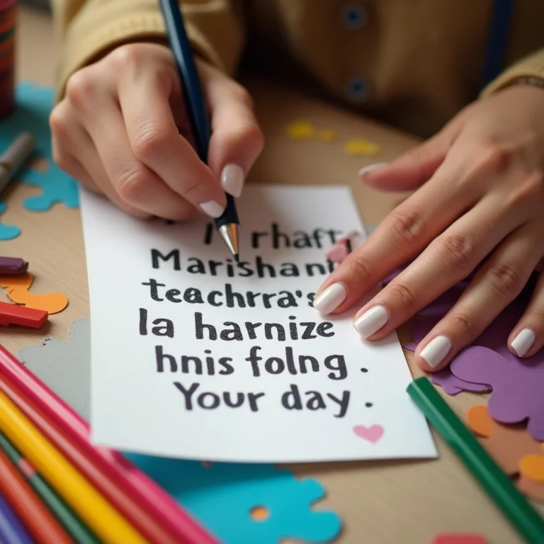 Mãos escrevendo mensagem inspiradora em cartão de Dia dos Professores artesanal