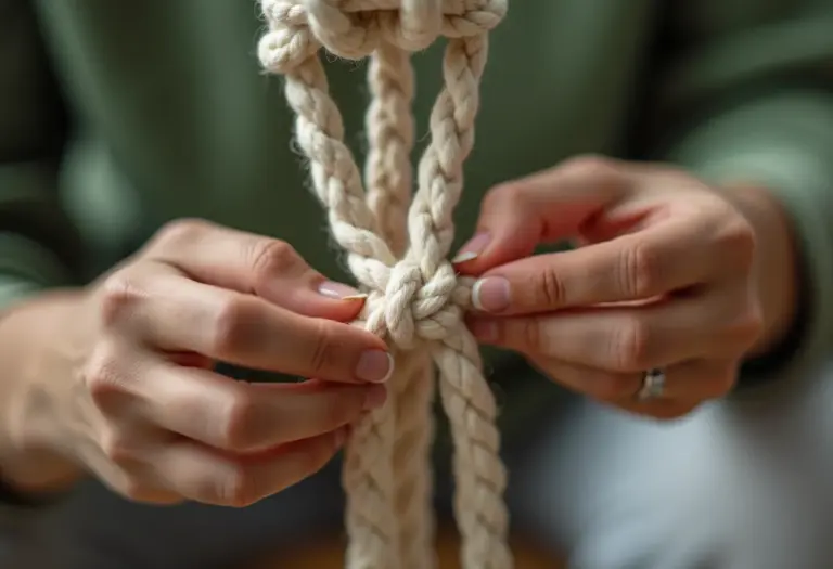 Mãos femininas criando vaso de macramê artesanal com detalhes dos nós.